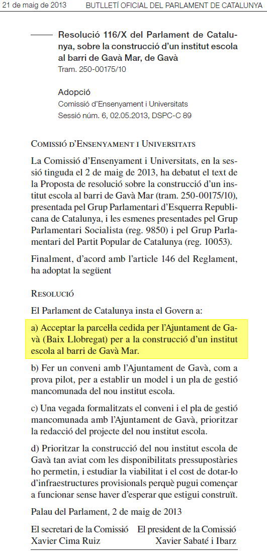 Resoluci aprovada al Parlament de Catalunya per seguir endavant amb la conversi de l'Escola Gav Mar en un Institut-Escola (21 Maig 2013)